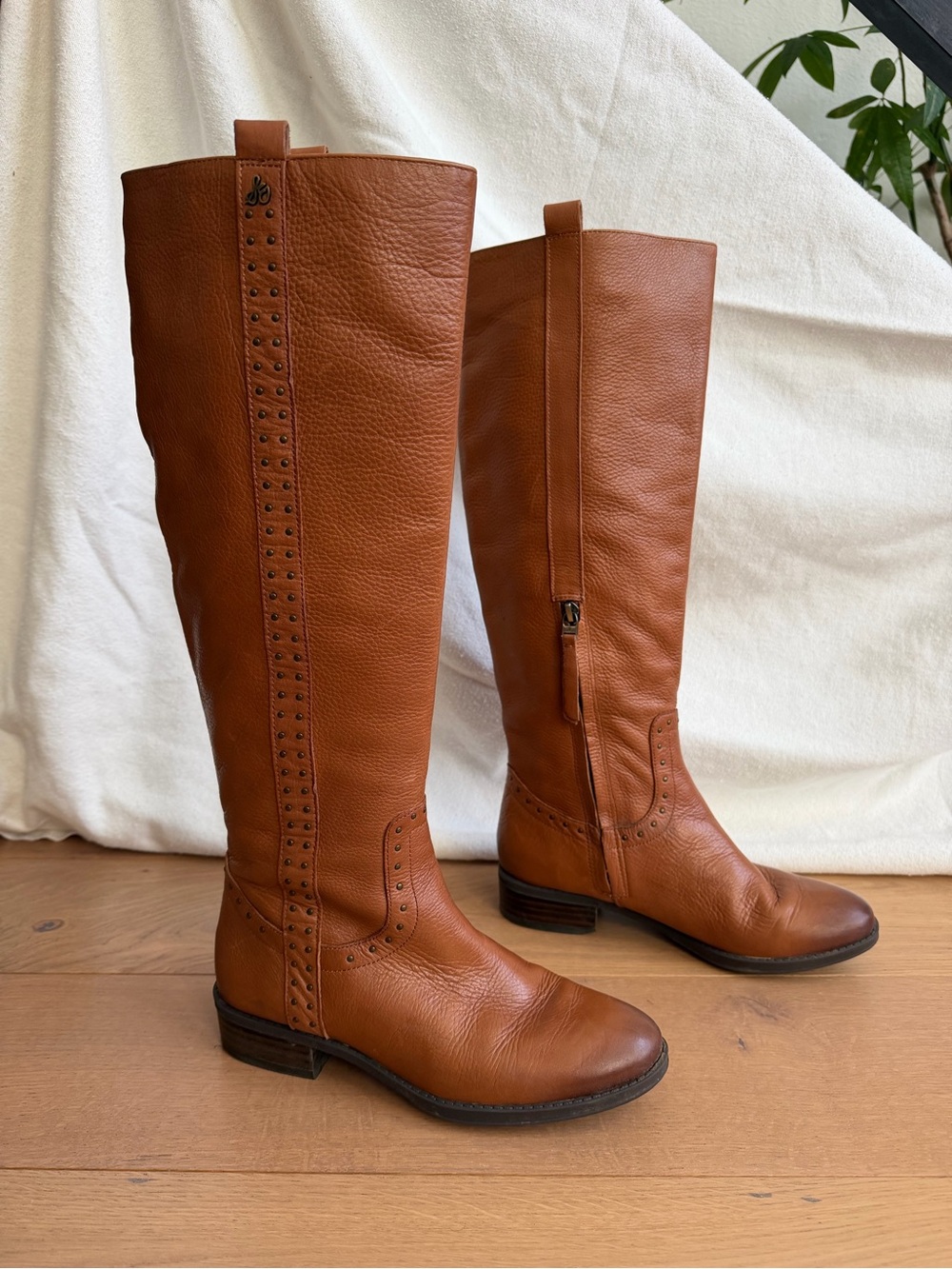 Sam Edelman 100% Genuine Studded Leather Brown Chestnut Knee High Boots